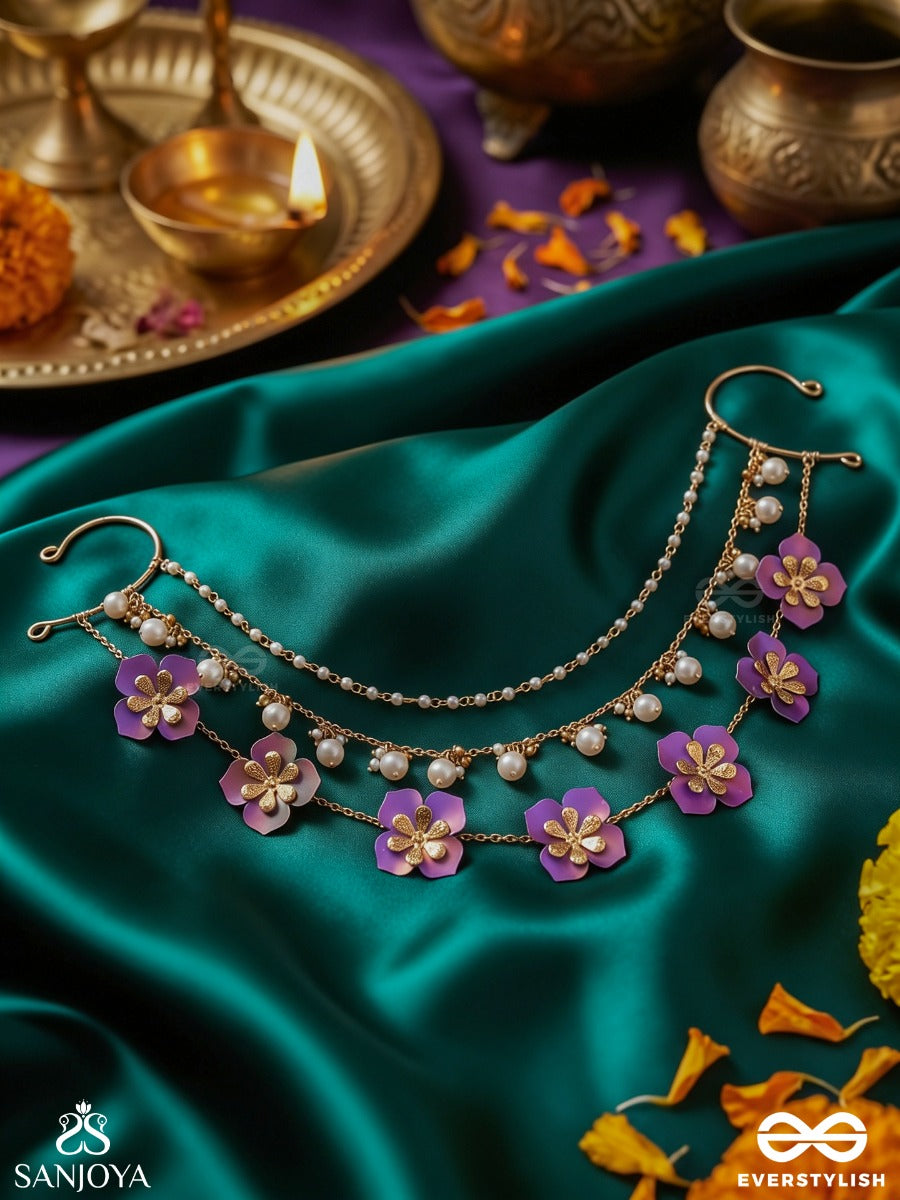 Kusumlehri – Wave Of Blooms – Ornate Chain Earcuff With Violet And Pink Floral Motifs, Double Chain Drapes And Delicate Gold-Tone Detailing