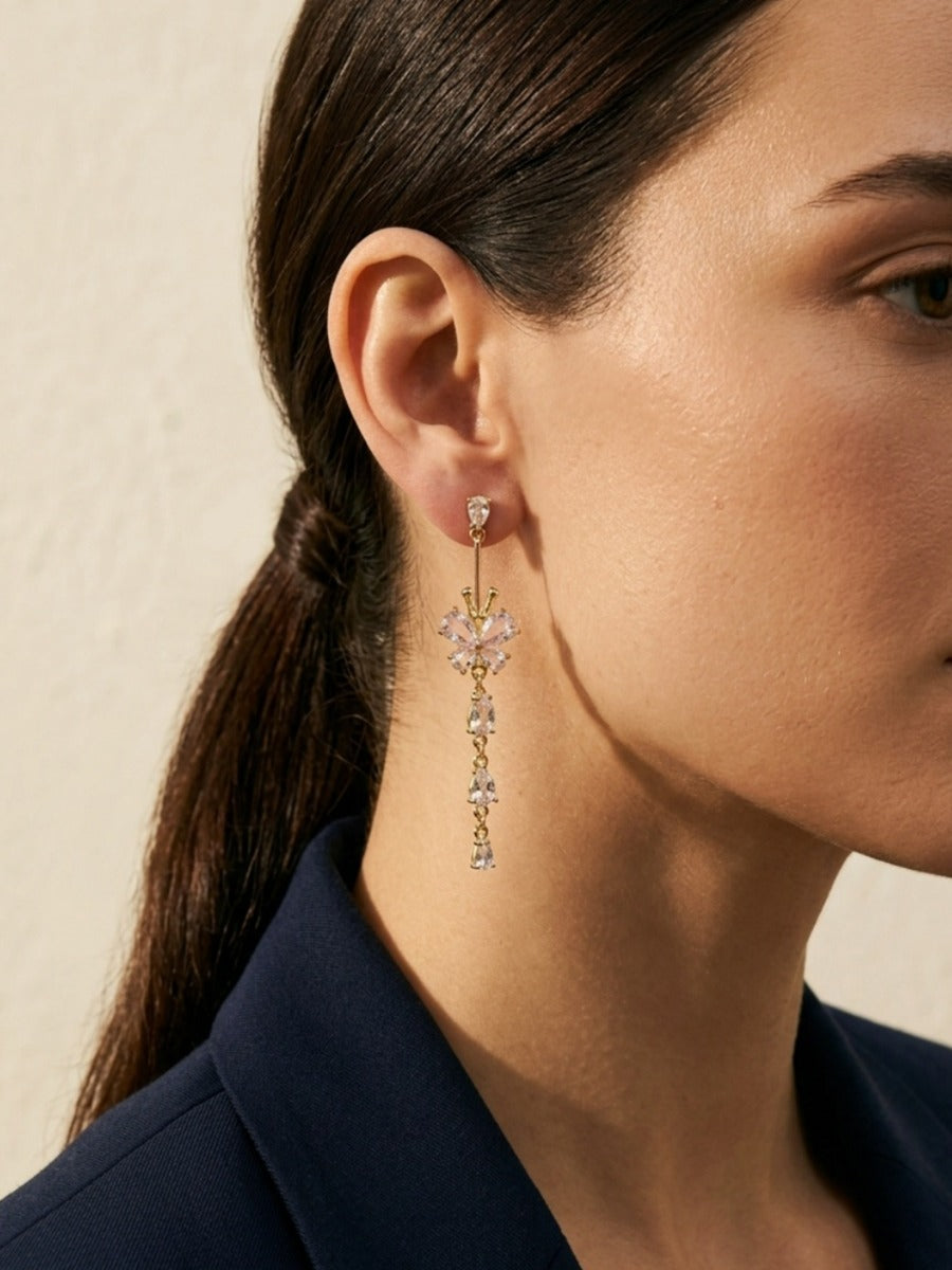 Lilac Dew - Silver-Tone Long Crystal Floral Drop Earrings