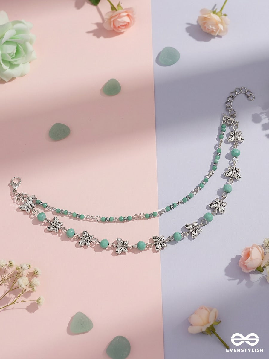 Minted Melody – Layered Delicate Anklet (Single) With Turquoise Beads, Pearl Accents And Silver-Tone Charms
