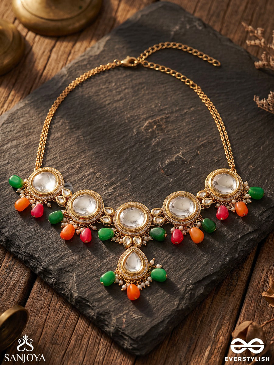 Madhuban – Honey Garden – Heritage Choker With Mirror Kundan Motifs, Coral-Emerald Bead Accents And Delicate Floral Details