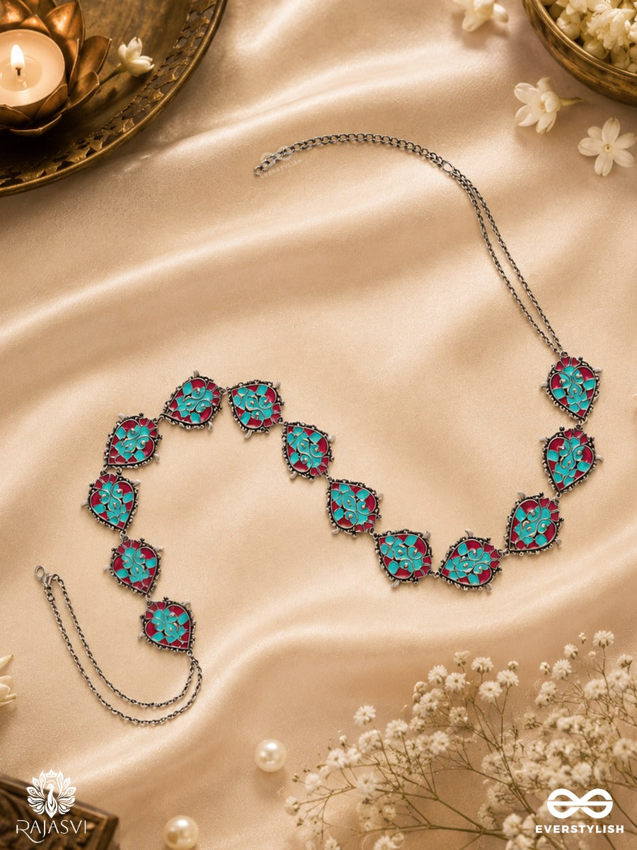 Neelambi – Oxidised Waist Chain With Turquoise Diamond Motifs And Red Accents