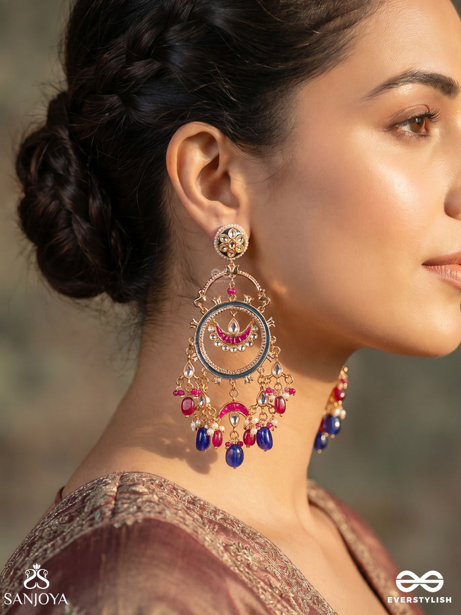 Priyamvada – Sweet-Spoken – Ornate Earrings With Circular Meenakari Frame, Pearl Accents And Cobalt Drop Beads