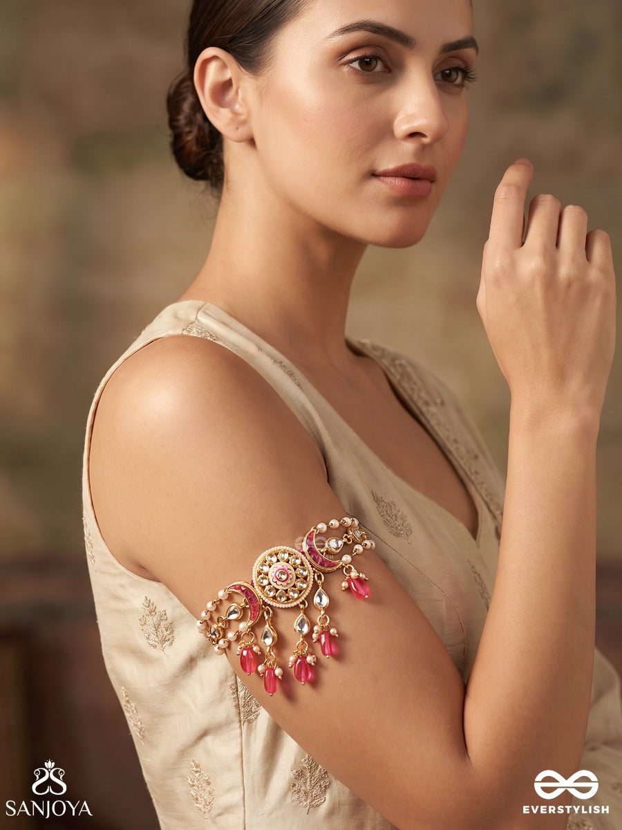 Kadambika – Kadamba Blossom – Heritage Armlet (Single) With Dual Kundan Chains, Floral Medallion And Coral Bead Danglers