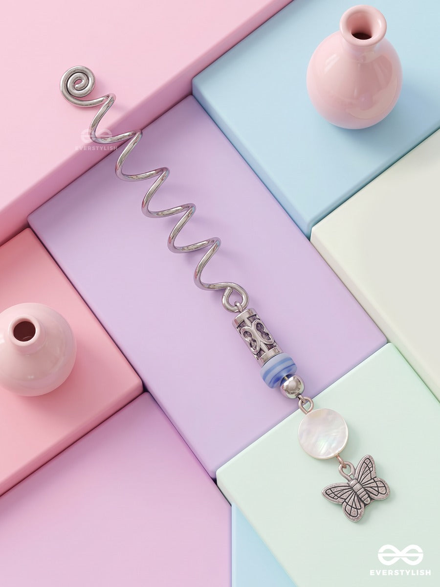 Bluebell Wing – Silver Spiral Braidlet With Blue Beads And Butterfly Charm
