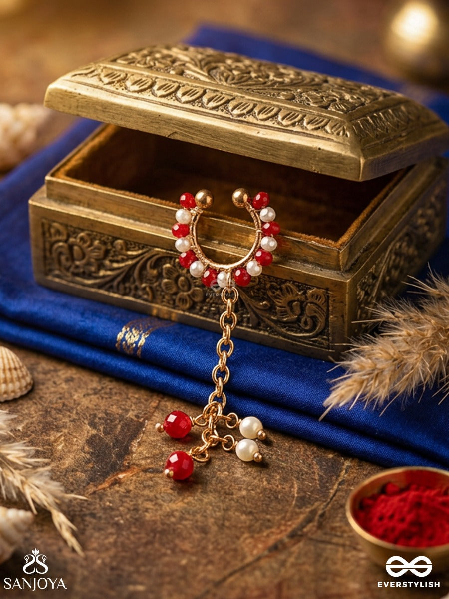 Raktalata – Crimson Creeper – Ornate Single Earcuff With Red Bead-Lined Hoop, Delicate Gold-Tone Chain Link And Dainty Dangling Accents