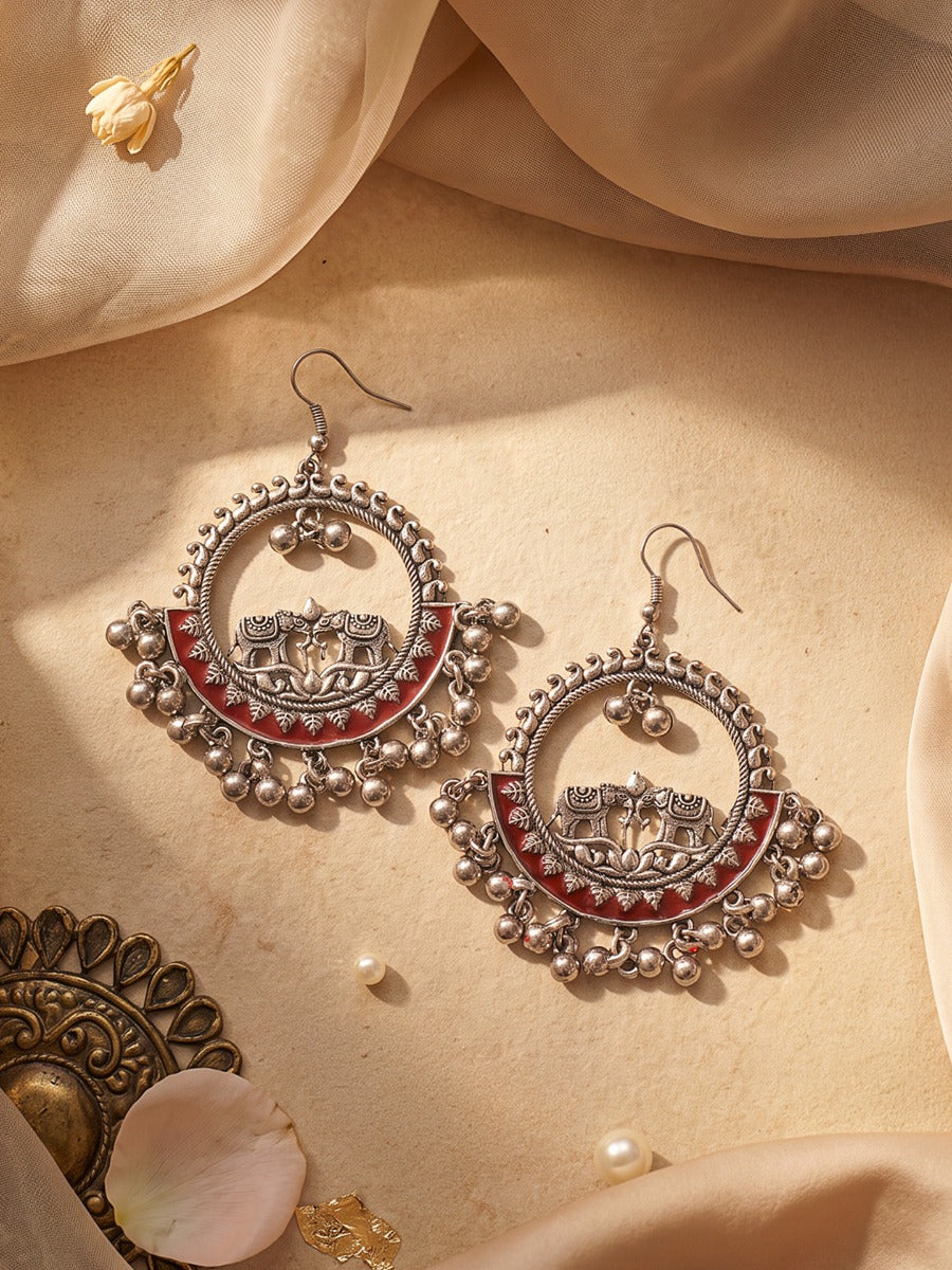Padminika – Oxidised Hoop Earrings With Red Enamel, Lotus Motifs And Silver-Tone Drops