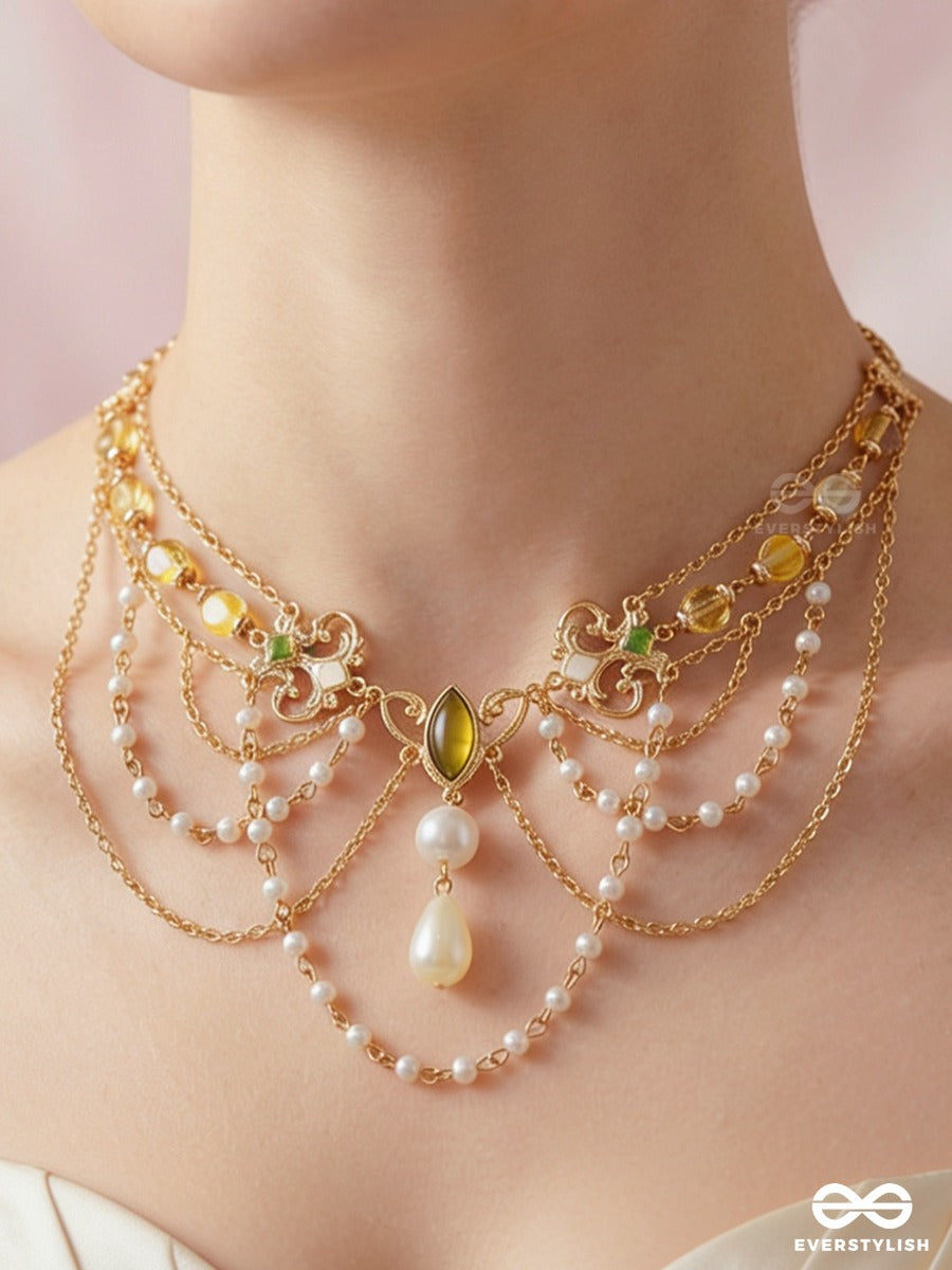 Golden Veil – Multi-Layer Pearl Drape Necklace With Golden Chains