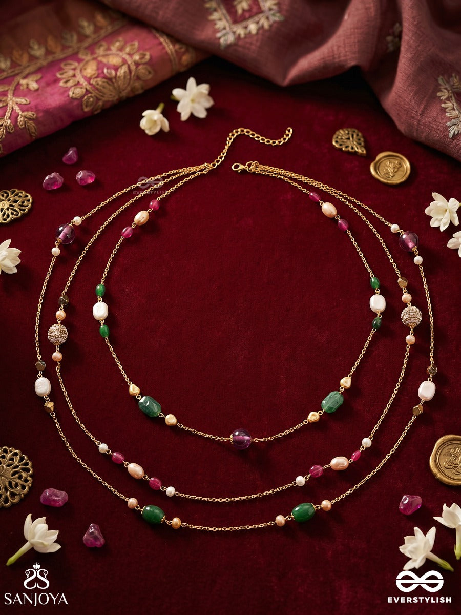 Nirantara – Everlasting – Elegant Layered Necklace With Multi-Colour Gemstones, Pearls And Floral Connectors