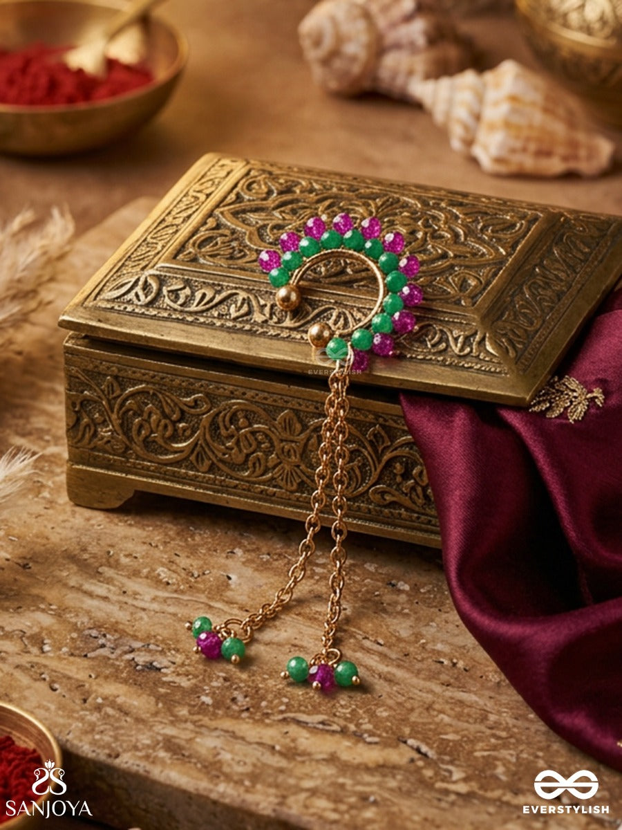 Manikarna – Jewelled Ear – Festive Single Earcuff With Pink-Green Bead Curve, Gold-Tone Chain Drops And Delicate Bead Cluster Ends