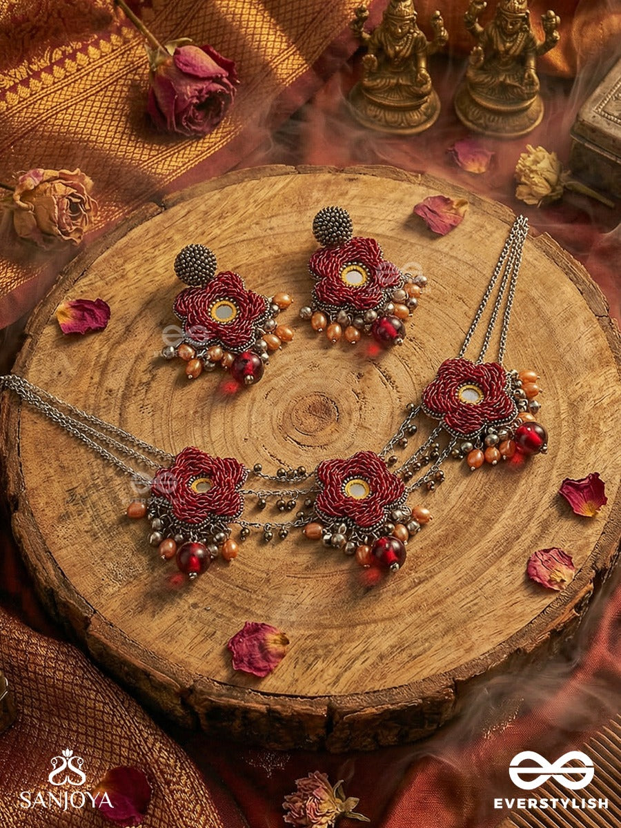 Sumanas - The Burgundy Flowers - Mirror, Resham, Dabka And Glass Drops Hand Embroidered Set With Oxidised Choker Neckpiece & Earrings