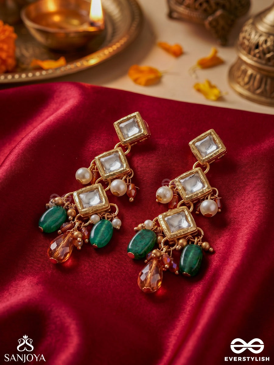 Suranjana – One Who Brings Delight – Heritage Earrings With Geometric Kundan Settings, Emerald Drops And Peach Crystal Accents