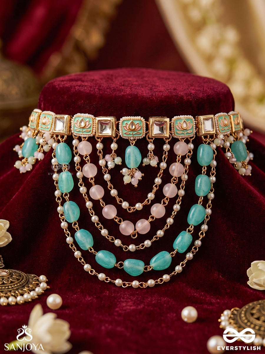 Maralika – Swan-Like Grace – Heritage Choker With Turquoise Oval Beads, Kundan Settings, Layered Pearl Drapes And Floral Accents
