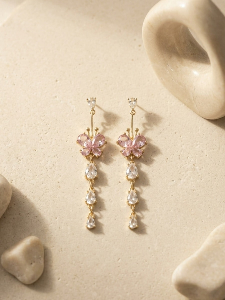 Lilac Dew - Silver-Tone Long Crystal Floral Drop Earrings