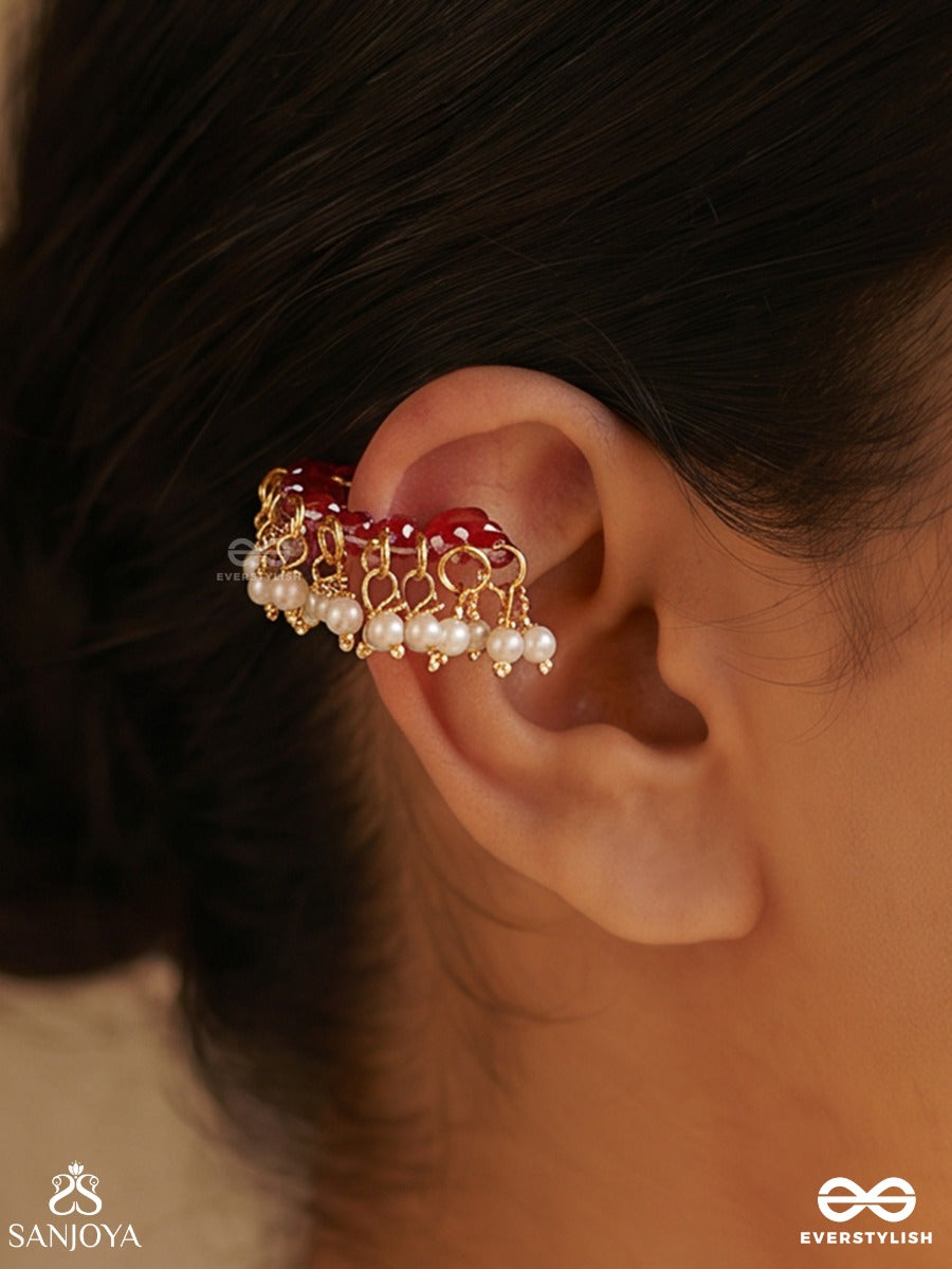 Manikpankhi – Ruby Petals – Ornate Single Earcuff With Deep Pink Stone Arc, Pearl Cluster Detailing And Gold-Tone Dangling Accents