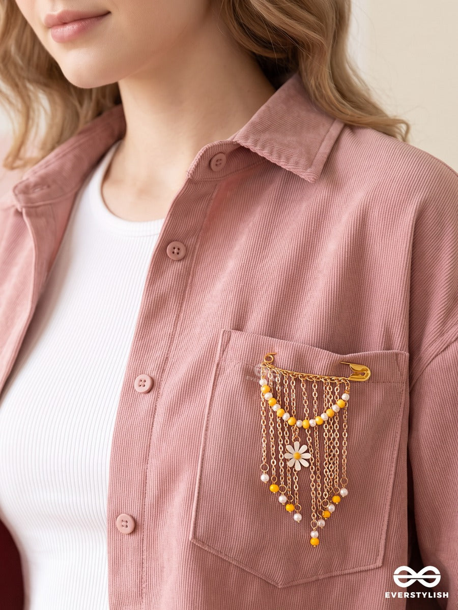 Sunpetal – Gold-Tone Brooch Pin With Daisy Motif, Mustard Beads And Pearl Drops