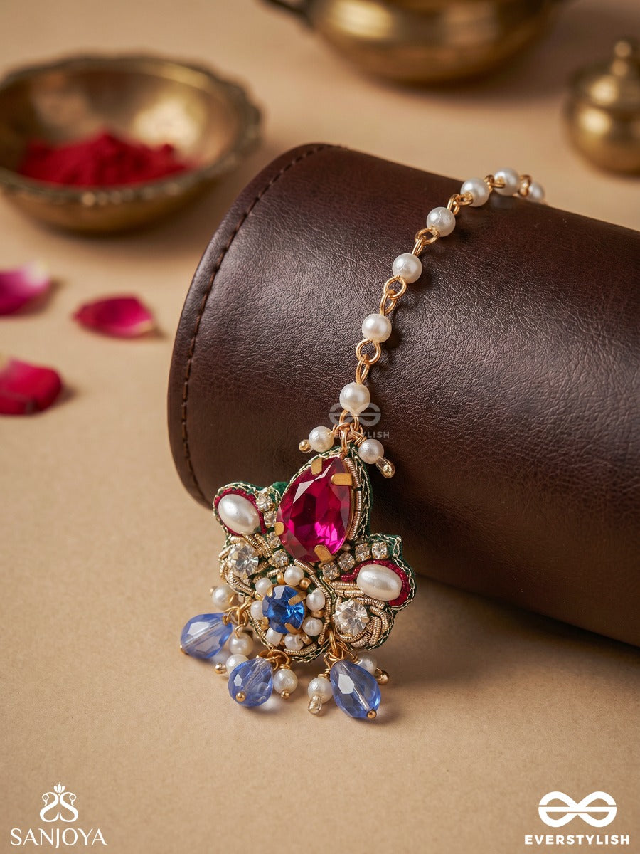 Pratyusha – First Light Of Dawn – Ornate Maangtika With Floral Kundan Motif, Multi-Colour Gem Drops And Crystal Accents