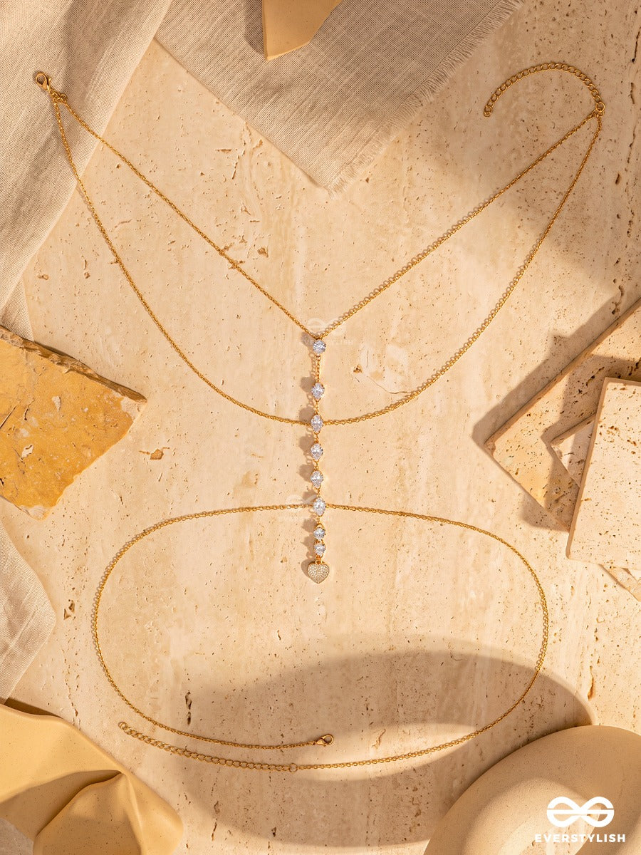 Ivory Nexus – Delicate Golden Y-Body Chain With Pearl, Floral Connector And Crystal Accents