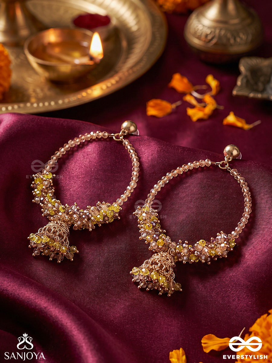 Mohrang – Enchanting Hues – Heritage Hoop Earrings With Intricate Bead Clusters, Mini Jhumka Danglers And Golden Framework