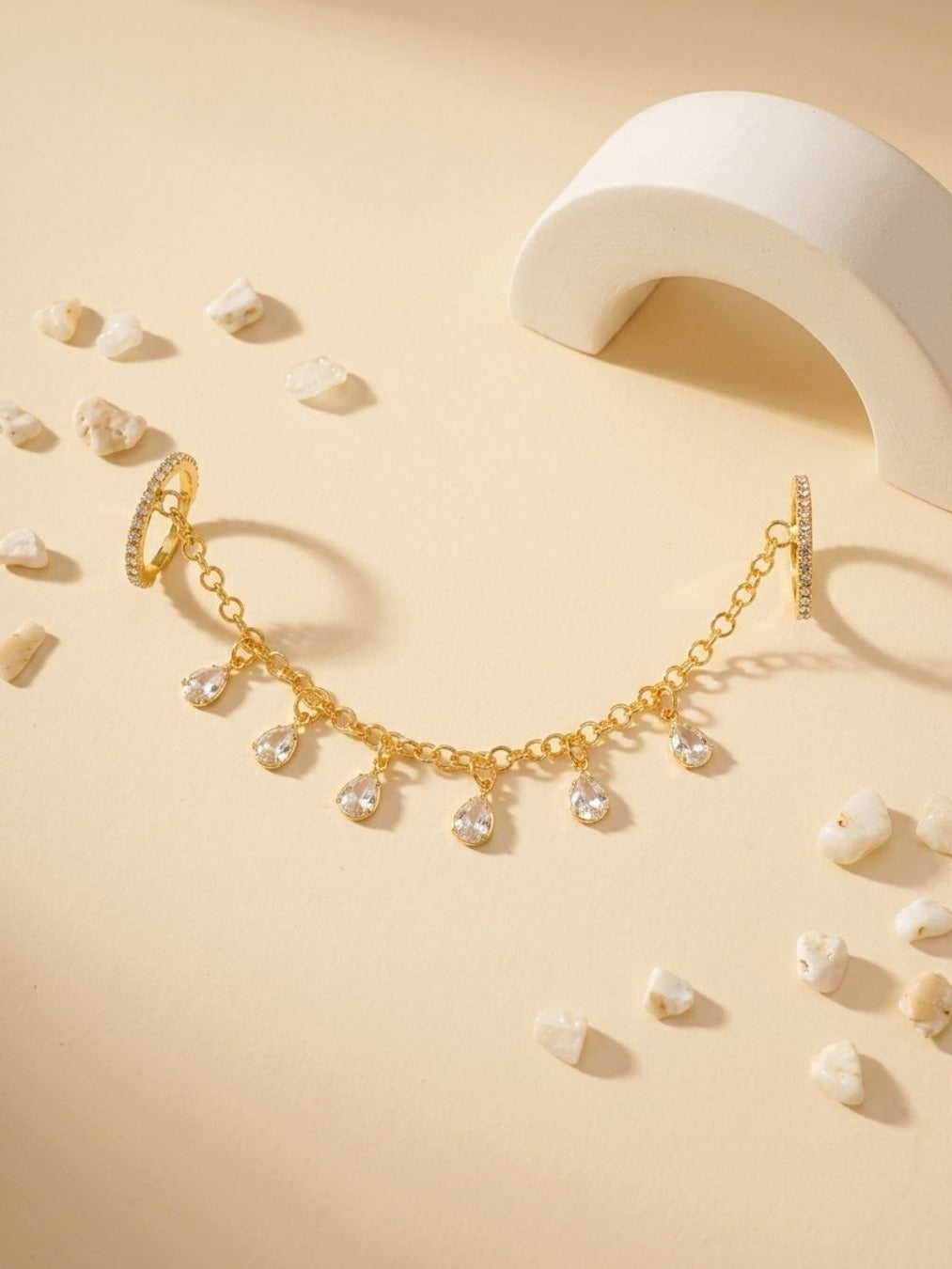 Two In Sync - Gold-Tone Connected Double Finger Ring With Crystal Charms And Delicate Chain Details