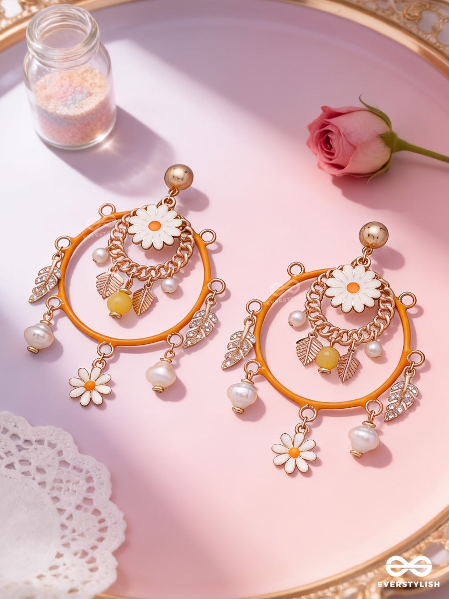 Honey Garden – Mustard Statement Hoop Earrings With Floral And Pearl Charms