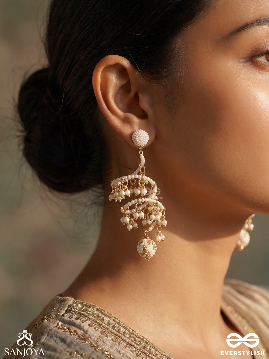 Ilampari – Young Crescent Moon – Sculptural Earrings With Cascading Pearl Clusters, Lustrous Pearl Chains And Ornamental Drop