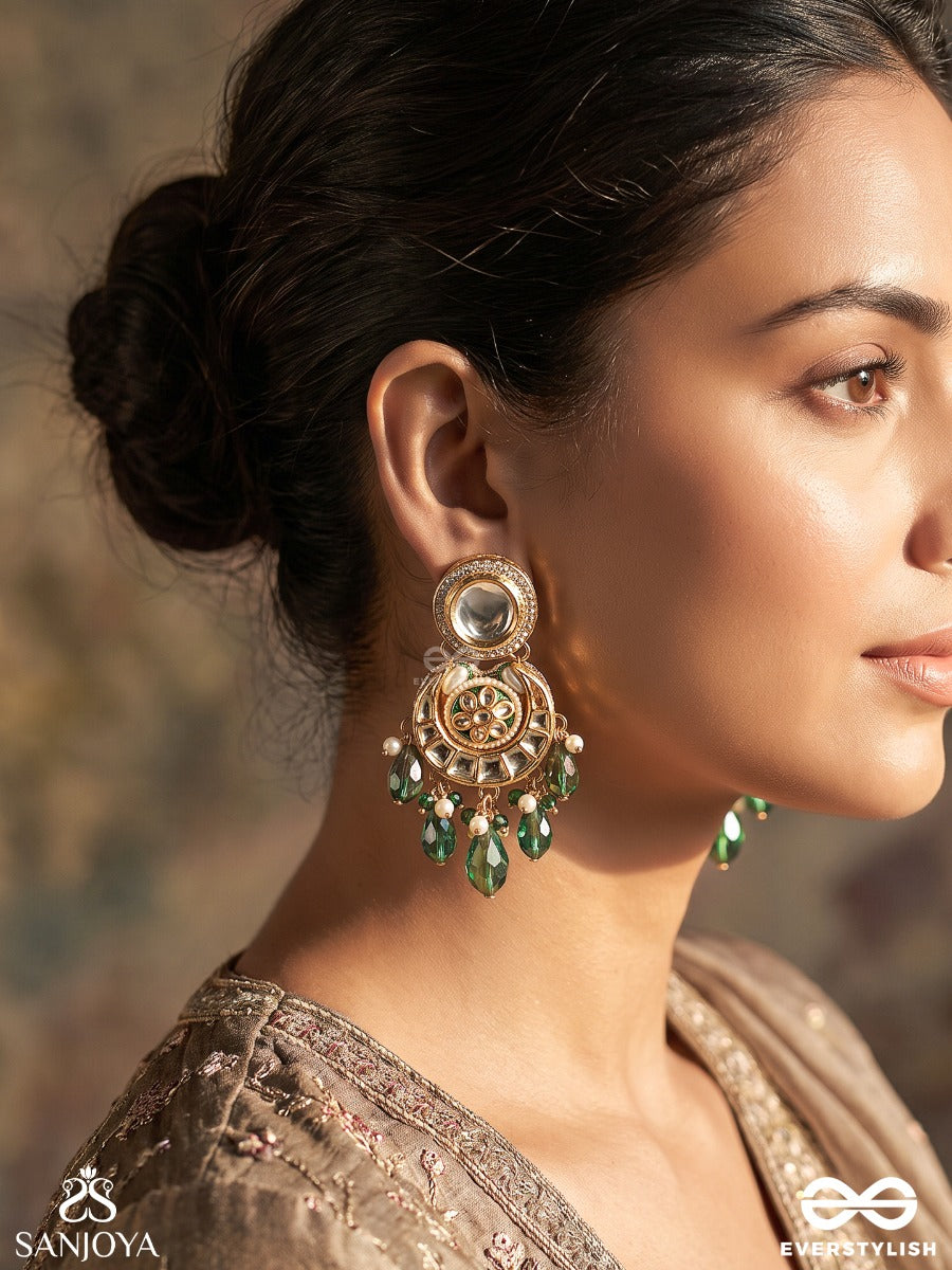 Harinika – Emerald Grace – Heritage Earrings With Mirror Kundan Motifs, Floral Enamel Details, Emerald Teardrop Danglers, Pearl Accents And Delicate Golden Filigree