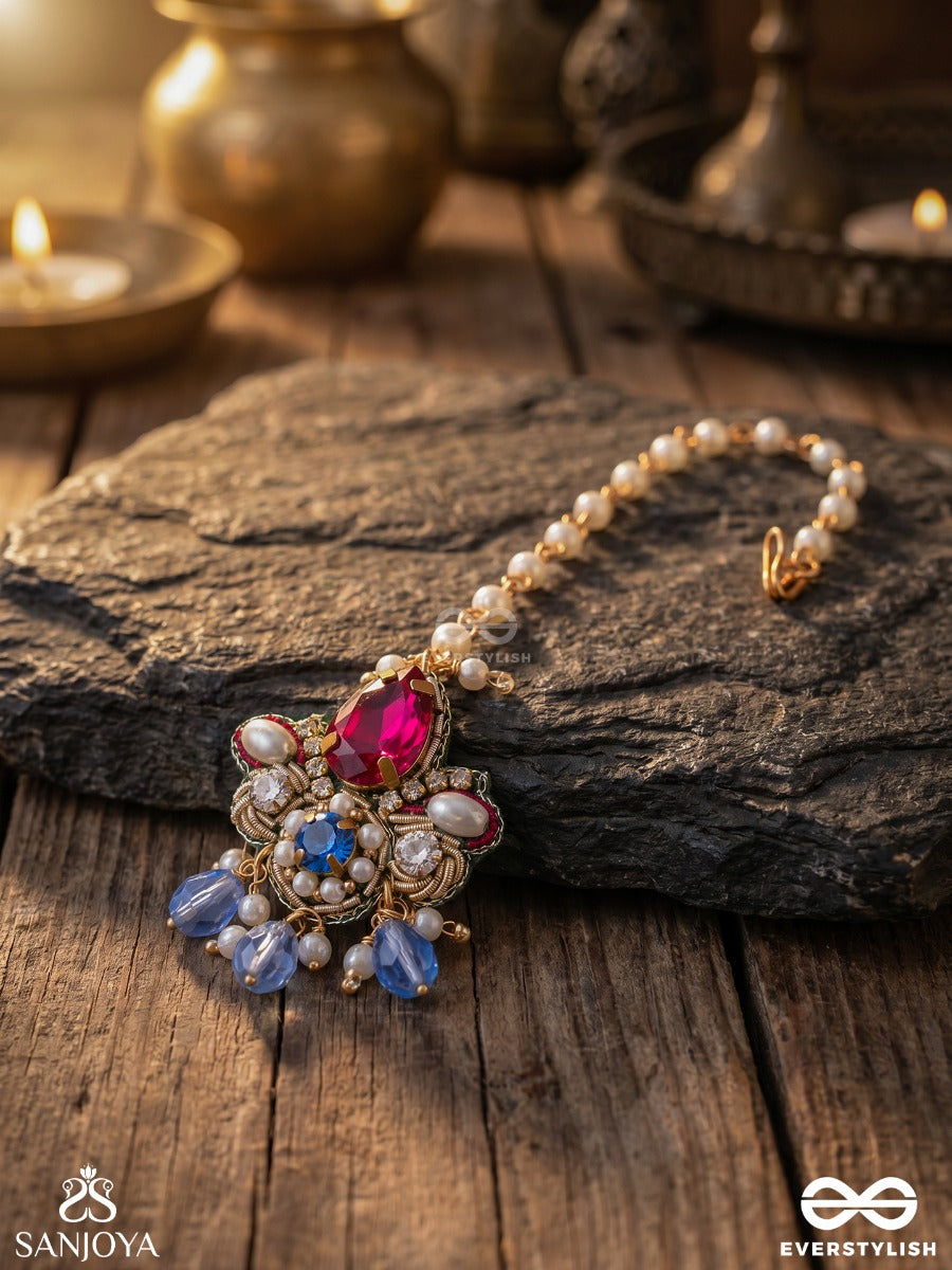 Pratyusha – First Light Of Dawn – Ornate Maangtika With Floral Kundan Motif, Multi-Colour Gem Drops And Crystal Accents