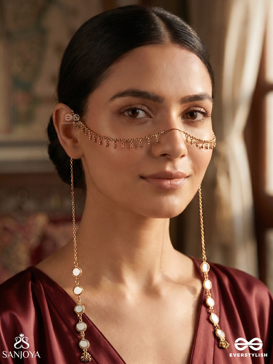 Rooprekha – Trace Of Beauty – Ornate Face Let With Gold-Tone Chain Drapes, Mirror-Like Side Motifs And Delicate Dangling Bead Details