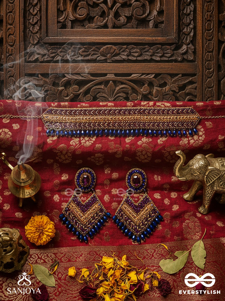 Aktaa - The Night Sky - Glass Beads And Lace Embroidered Set With Choker Neckpiece & Earrings
