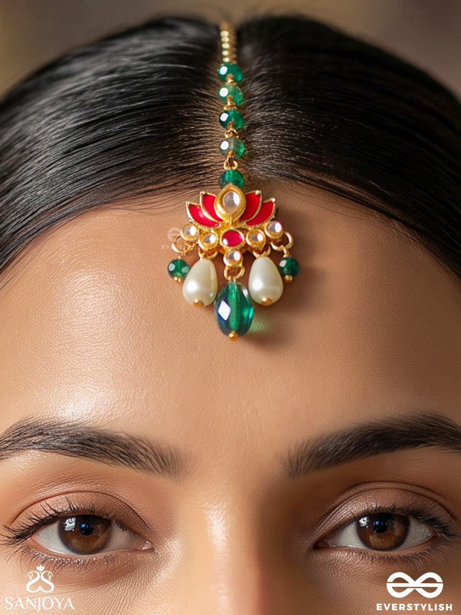 Karnika – Lotus Heart – Heritage Maangtika With Lotus Motif, Turquoise Bead Chain, Emerald Drops And Pearl Accents