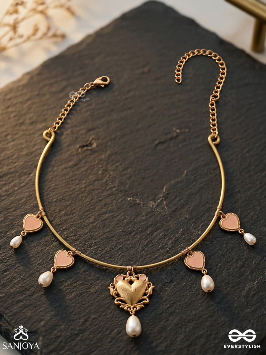 Shyamangi – Grace Of Dusk – Heritage Hasli Necklace With Heart Motifs, Pearl Drops And Floral Kundan Pendant
