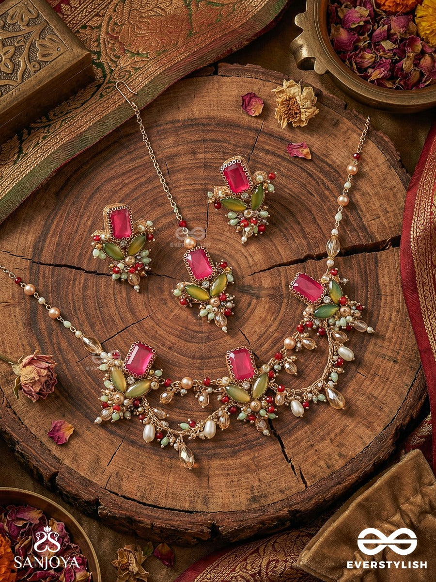 Asita - The Regal Orchid - Stones, Beads And Pearls Hand Embroidered Set With Neckpiece, Earrings & Maangtika