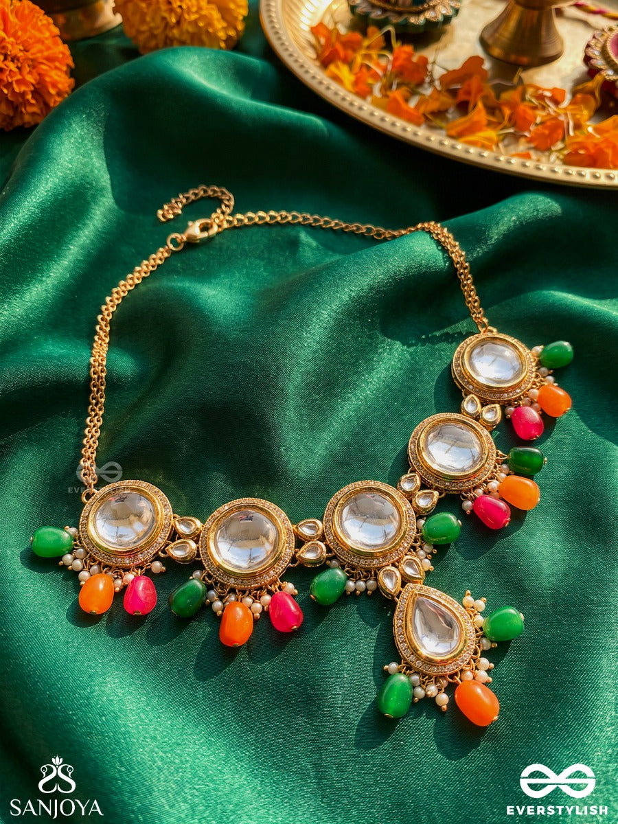 Madhuban – Honey Garden – Heritage Choker With Mirror Kundan Motifs, Coral-Emerald Bead Accents And Delicate Floral Details