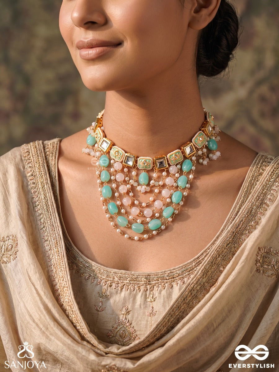 Maralika – Swan-Like Grace – Heritage Choker With Turquoise Oval Beads, Kundan Settings, Layered Pearl Drapes And Floral Accents