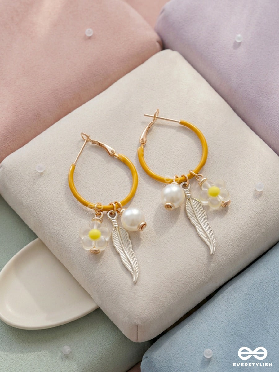 Honeybird – Mustard Hoop Earrings With Pearl, Floral And Feather Charms