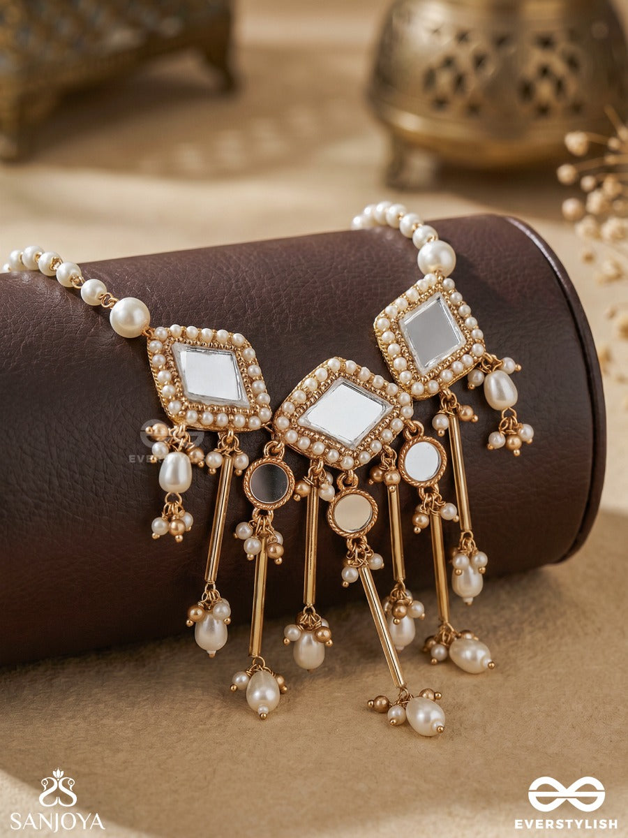 Chitramayi – Full Of Artistry – Heritage Necklace With Geometric Kundan Motifs, Mirror Embellishments, Pearl-Trimmed Chains And Delicate Pearl Danglers