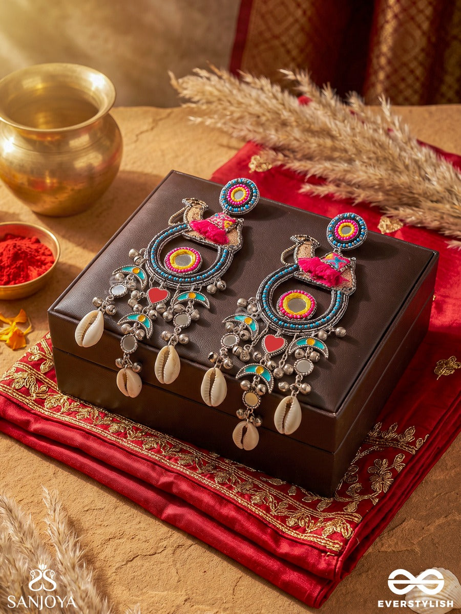Zohravali – Radiant Garland – Heritage Oxidised Earrings With Multicolour Enamel Discs, Cowrie Shells, Textile Tassels And Tribal Charms
