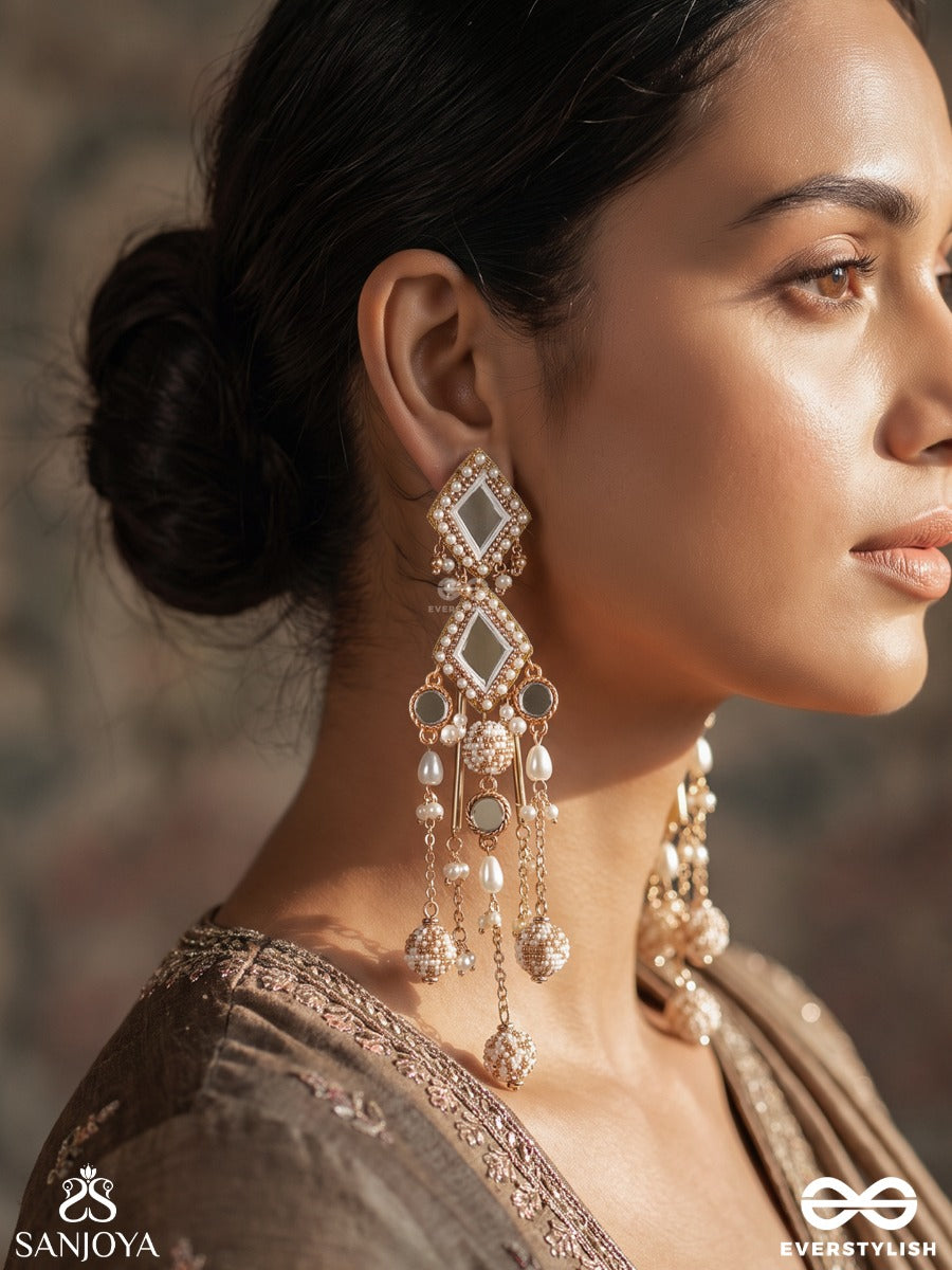 Chitramayi – Full Of Artistry – Chandelier Earrings With Geometric Kundan Motifs, Mirror Embellishments, Pearl Tassels And Golden Links