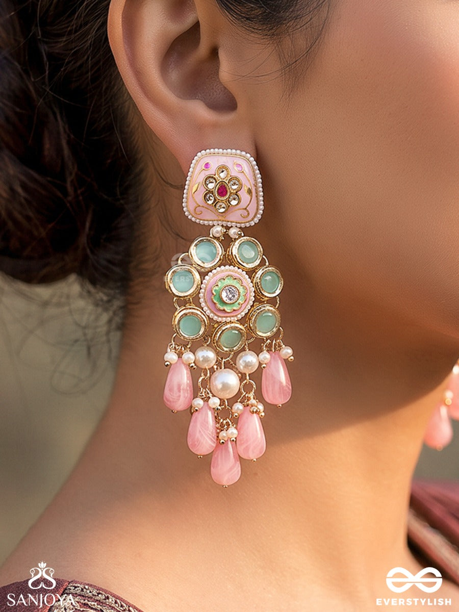 Pankhuri – Flower Petal – Heritage Earrings With Floral Meenakari Motifs, Mint Enamel Settings, Lustrous Pearl Clusters And Blush Pink Teardrop Danglers