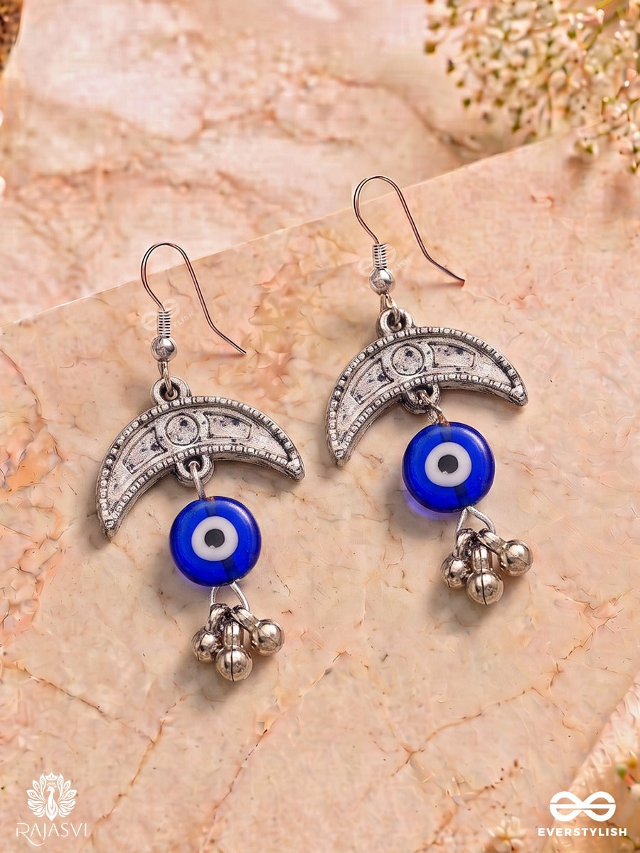 Chandranazar – Oxidised Crescent Earrings With Blue Nazar Beads And Ghungroo Drops