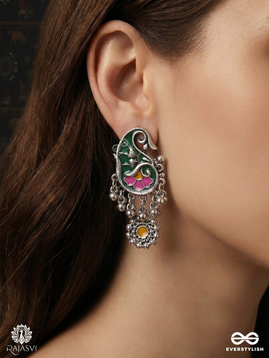 Pankhurika – Oxidised Heritage Enamel Earrings With Green Paisley Motifs, Lotus Details And Floral Danglers