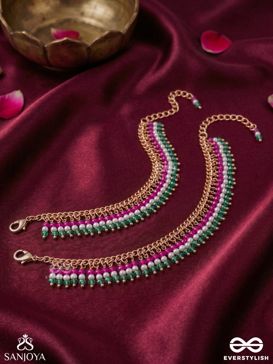 Gulbaano – Floral Lady – Festive Pajeb (Anklet) Set Of 2 With Layered Pink And Green Fringes And Bead Details
