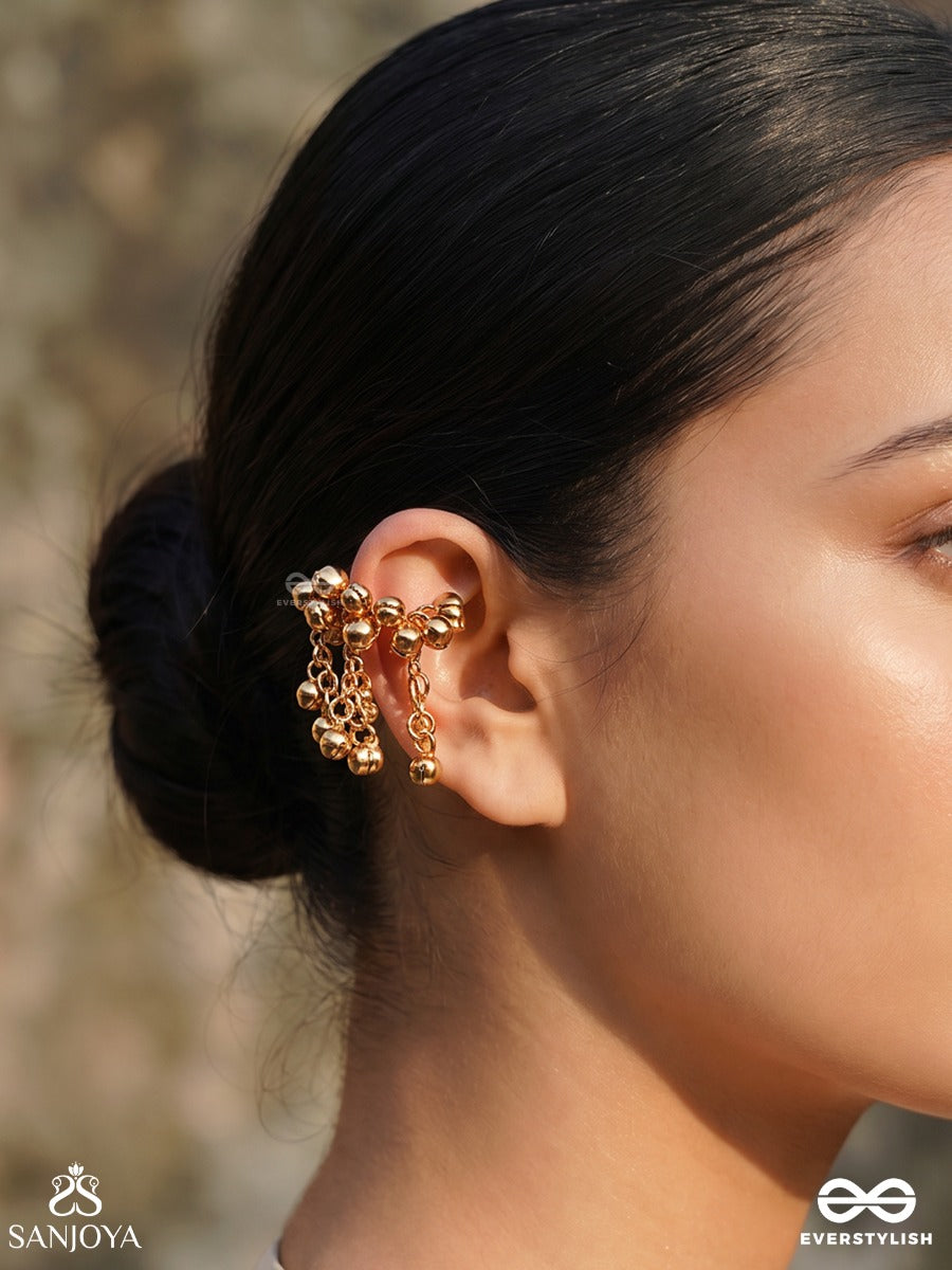 Kanakghunghra – Golden Bells – Festive Single Earcuff With Round Gold-Tone Bead Clusters, Open-Hoop Form And Dangling Charm Details