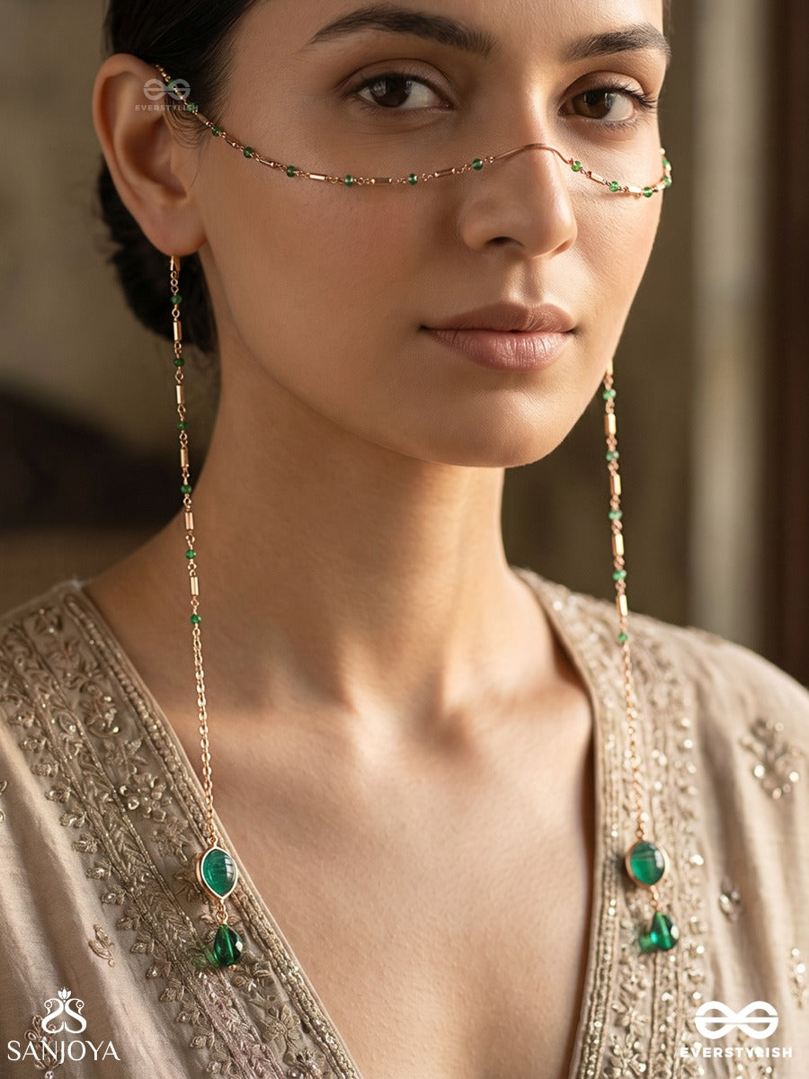 Vanarekhi – Forest Trace – Ornate Face Let With Slender Gold-Tone Chains, Green Stone End Motifs And Delicate Bead Accents