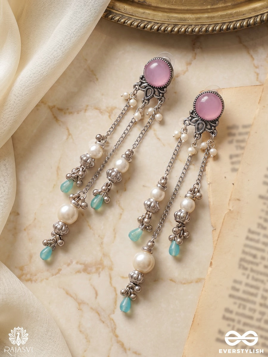 Lilavati – Oxidised Long Earrings With Lilac Stones, Floral Charms And Pearl Drops