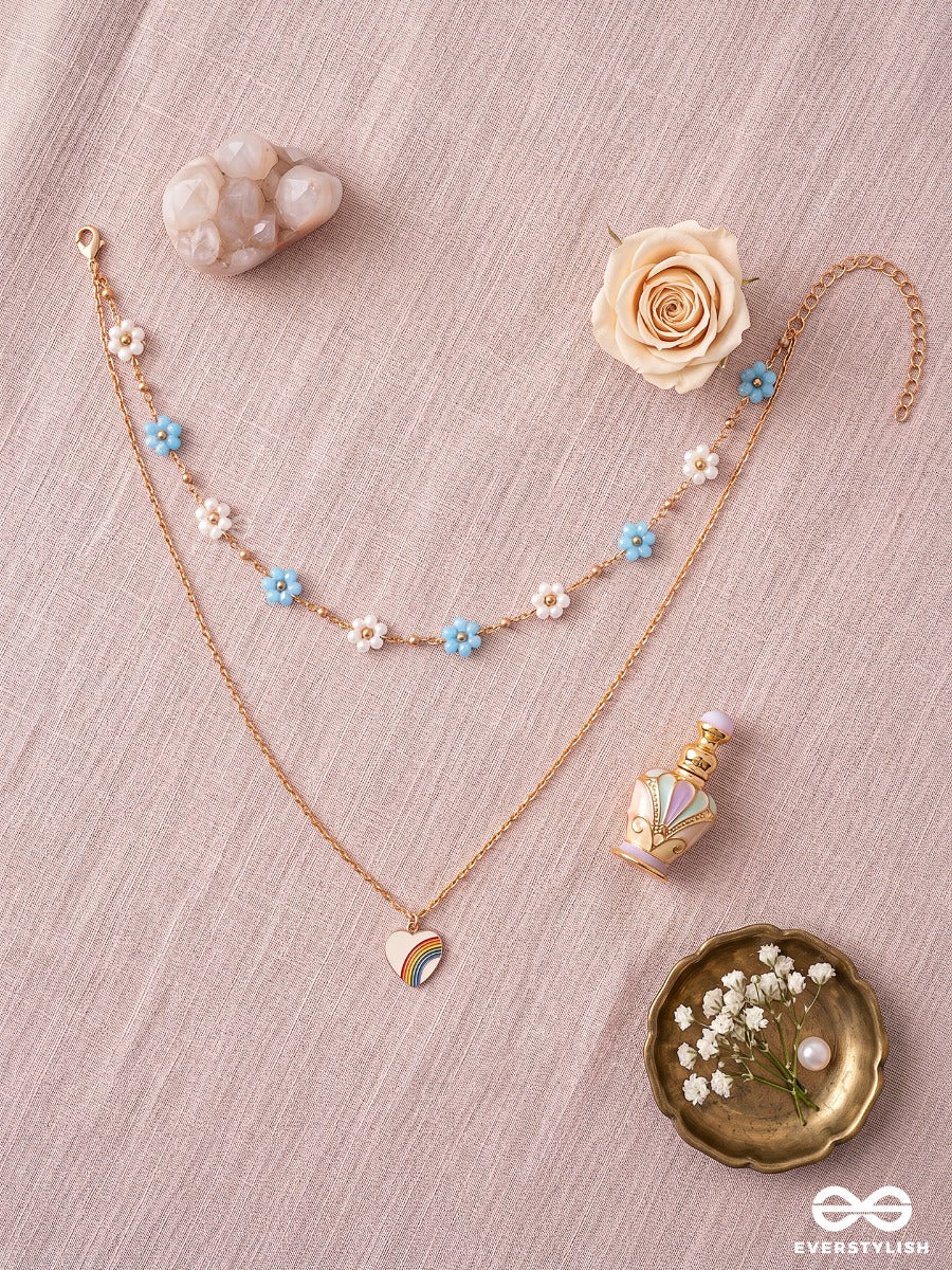 Sky Confetti – Layered Necklace With Aqua Flowers, Pearl Accents And Rainbow Charm