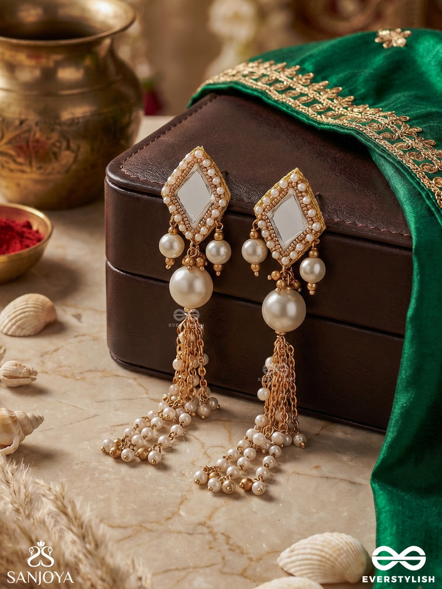 Ksheerangi – Ocean Of Pearls – Statement Earrings With Mirror-Cut Motifs, Lustrous Pearls And Cascading Pearl Tassels