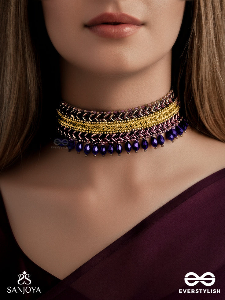 Aktaa- The Night Sky- Glass Beads And Lace Embroidered Choker Necklace