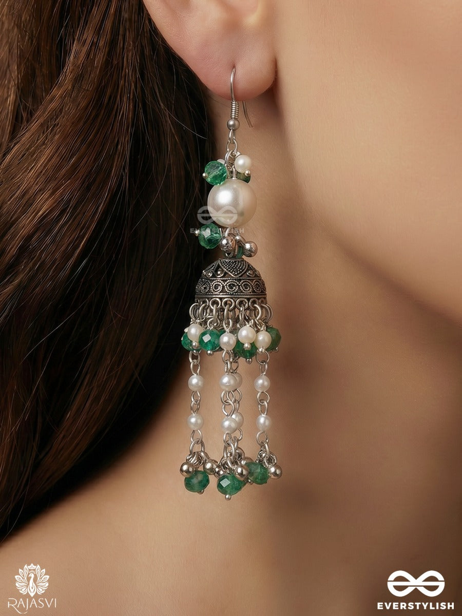 Patrangi – Oxidised Jhumkas With Emerald Green Beads, Pearl Strands And Cascading Tassels