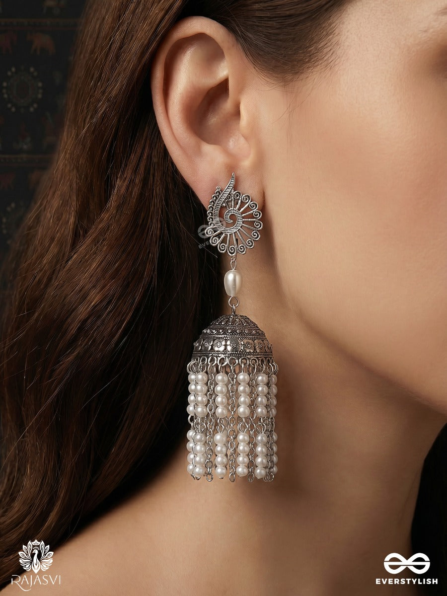 Shashilekha – Oxidised Jhumka Earrings With Pearl Tassels, Floral Studs And Engraved Dome